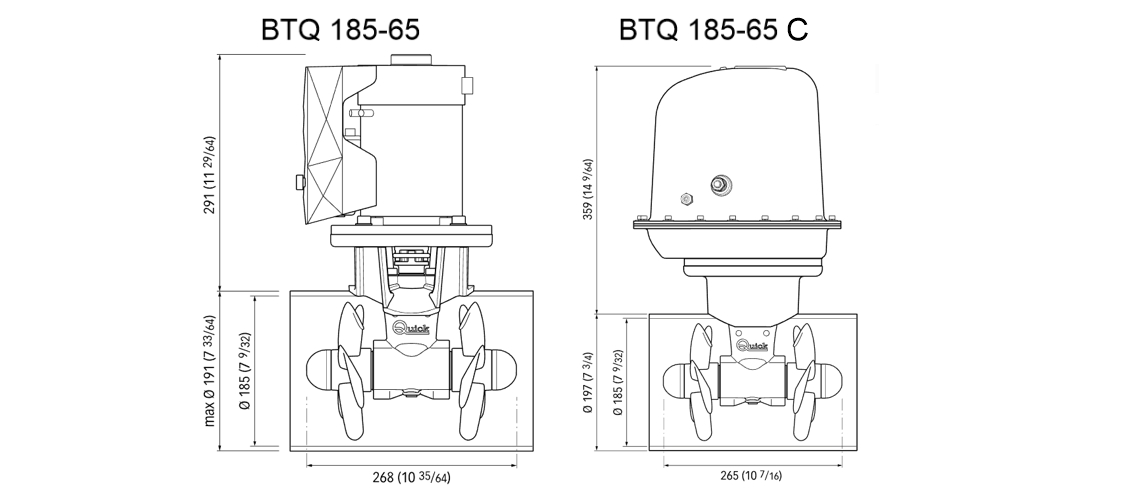 Wymiary steru strumieniowego BTQ 185-65 i BTQ 185-65 C
